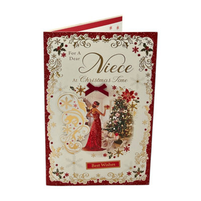  - Christmas Wishes For Niece Elegant Red Dress & Festive Decor Card