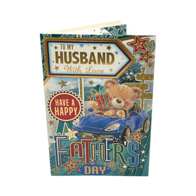 To My Husband Teddy In Blue Car Design Father's Day Card from B&Q