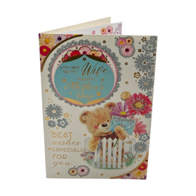 To My Wife Teddy With Envelope & Flowers Design Mother's Day Card from B&Q