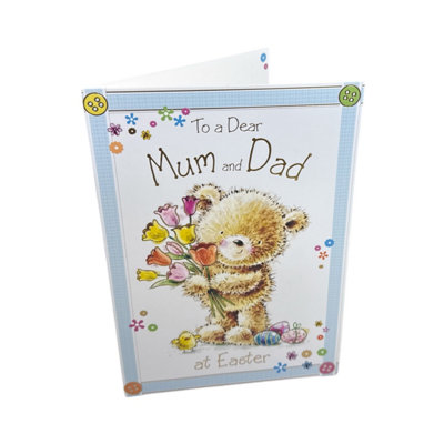 To Dear Mum And Dad Cute Teddy Holding Tulip Flowers Design Easter Card from B&Q