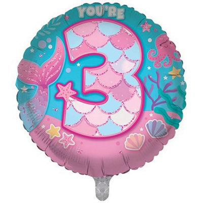 You're 3 Today Colourful Mermaid Double Sided 18-Inch Foil Balloon from B&Q