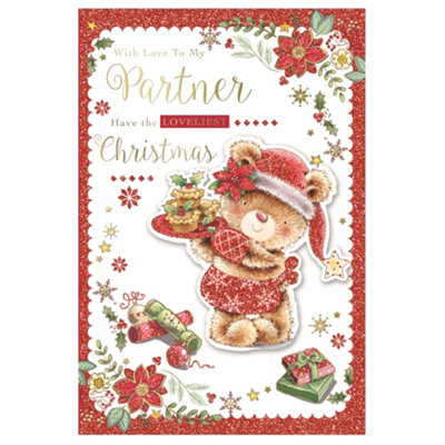 With Love To My Partner Bear Holding Cupcakes Design Christmas Card from B&Q