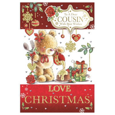 To A Dear Cousin Teddy Pouring Frosting On Cake Design Christmas Card from B&Q