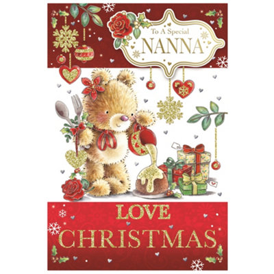 To A Special Nanna Teddy Pouring Frosting On Cake Design Christmas Card from B&Q
