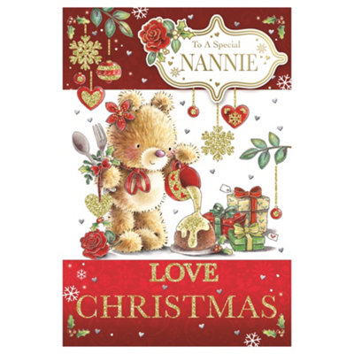 To A Special Nannie Teddy Pouring Frosting On Cake Design Christmas Card from B&Q