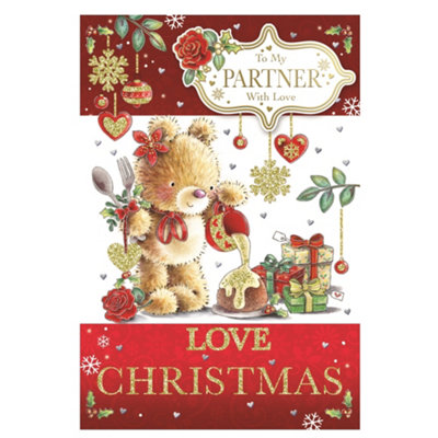 To My Partner Teddy Pouring Frosting On Cake Design Christmas Card from B&Q