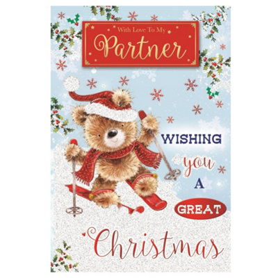 With Love To My Partner Teddy Doing Ice Skating Design Christmas Card from B&Q