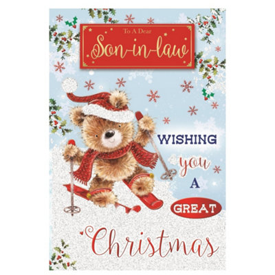 To A Dear Son In Law Teddy Doing Ice Skating Design Christmas Card from B&Q
