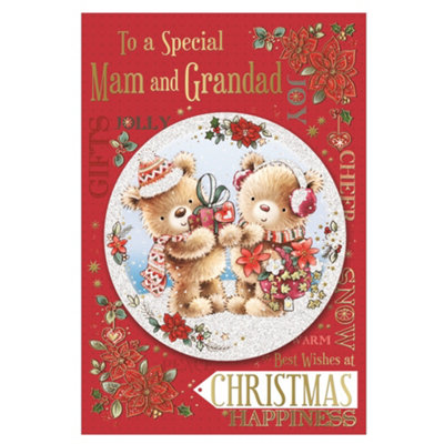 To A Special Mam And Grandad Bears With Gift Design Floral Christmas Card from B&Q