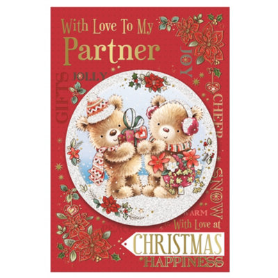 With Love To My Partner Bears With Gift Design Floral Christmas Card from B&Q