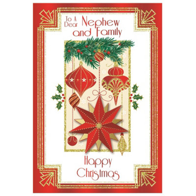  - To A Dear Nephew And Family Baubles And Star Design Christmas Card