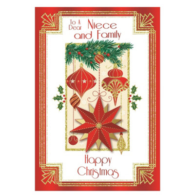  - To A Dear Niece And Family Baubles And Star Design Christmas Card