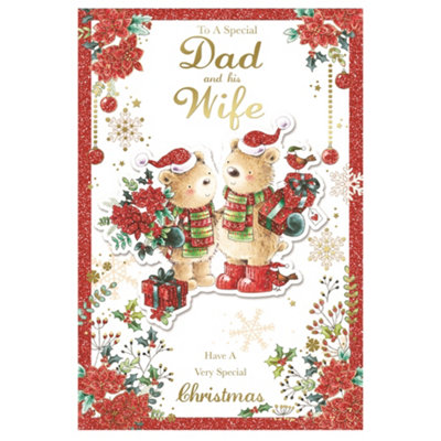 To A Special Dad And His Wife Lovely Teddies With Flowers And Gifts Design Christmas Card from B&Q