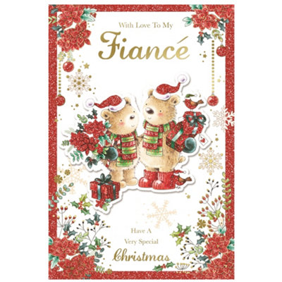 With Love To My Fiance Lovely Teddies With Flowers And Gifts Design Christmas Card from B&Q