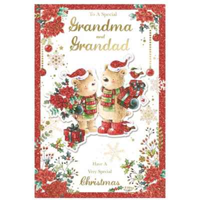 To A Special Grandma And Grandad Lovely Teddies With Flowers And Gifts Design Christmas Card from B&Q