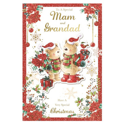 To A Special Mam And Grandad Lovely Teddies With Flowers And Gifts Design Christmas Card from B&Q
