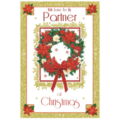 With Love To My Partner Poinsettia Wreath Design Christmas Card from B&Q