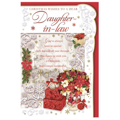 To A Dear Daughter In Law Poinsettias And Gifts Design Christmas Card from B&Q