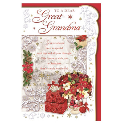 To A Dear Great Grandma Poinsettias And Gifts Design Christmas Card from B&Q