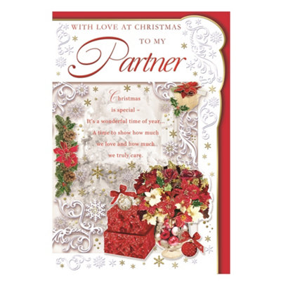 To My Partner Poinsettias And Gifts Design Christmas Card from B&Q