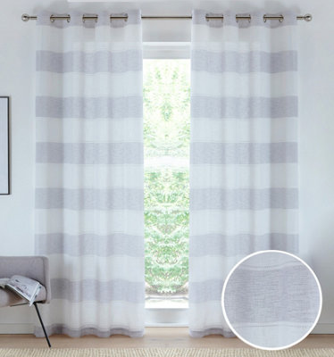 Tyrone Textiles Pair Of Santorini Grey Linen Look Stripe Panels With Eyelet Header 183Cm from B&Q