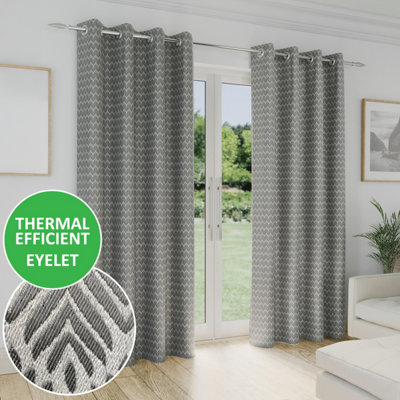 Enhanced Living Aspen Grey Chevron Pattern 46 X 54" (117X137Cm) Eyelet Thermal Noise Reducing Room Darkening Curtains (Pair) from B&Q