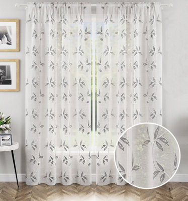 Tyrone Textiles Oasis Grey Embroidered Leaf Design Voile PanelsPair 140 X 122Cm (55X48") from B&Q