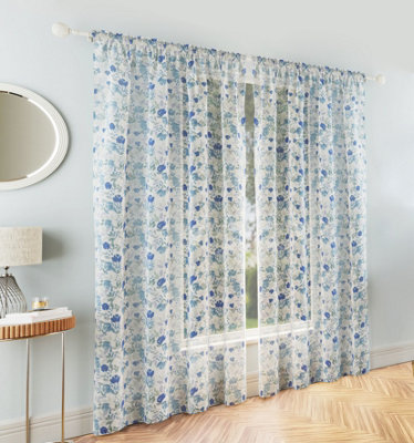 Tyrone Textiles Mia Blue Floral Print Sheer Voile PanelsPair 140 X 122Cm (55X48") from B&Q