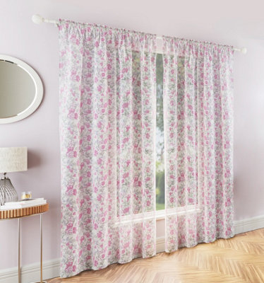 Tyrone Textiles Mia Pink Floral Print Sheer Voile PanelsPair 140 X 122Cm (55X48") from B&Q