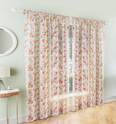 Tyrone Textiles Mia Burnt Orange Floral Print Sheer Voile PanelsPair 140 X 122Cm (55X48") from B&Q