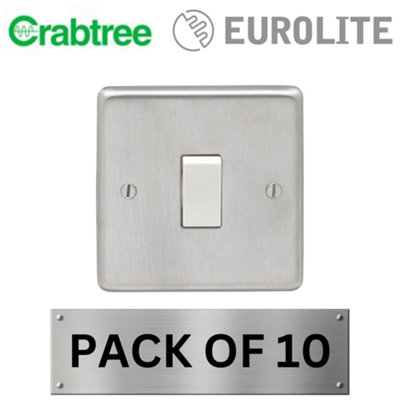 Eurolite Light Switch 1 Gang 10A 2 WayRound Edge Satin Stainless Steel Plate With White Rocker (10 Pack) Crabtree Insert