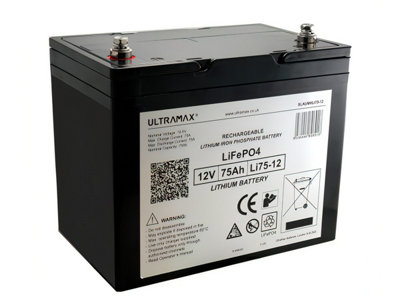 Ultramax 12V 75Ah Lithium Iron PhosphateLifepo4 High Capacity Deep Cycle Battery from B&Q