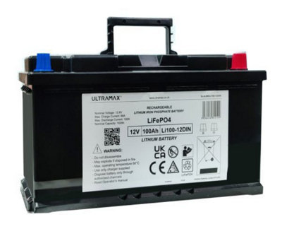 Ultramax Din Base 12V 100Ah Lifepo4 Battery With Bluetooth Energy Monitor Charger Included from B&Q