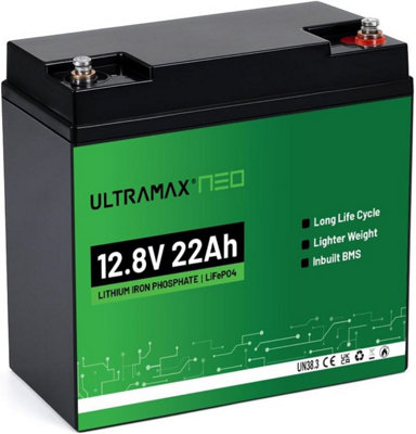 Ultramax Neo 12.8V 22Ah Lifepo4 Lithium Battery10,000+ Cycles10-Year LifeSmart Bms ProtectionM6 Terminals  Replacement from B&Q