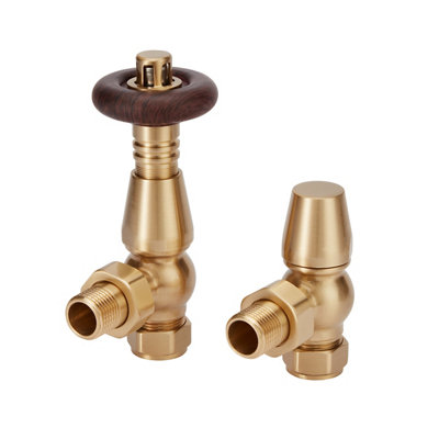 GoodHome Polished Gold Angled Radiator Valve & Lockshield (Dia)15mm X ½" from B&Q