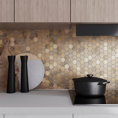 B&Q -  Enaide Gloss & Matt Metal Effect Hexagon Copper & Stainless Steel Mosaic Tile Sheet(L)296mm (W)299mm
