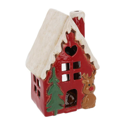 Village Pottery Christmas Reindeer House Tea Light Holder from B&Q