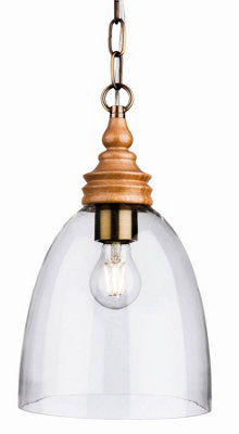 B&Q -  Luminosa Comet 1 Light Dome Ceiling Pendant Natural Wood With Clear GlassE27