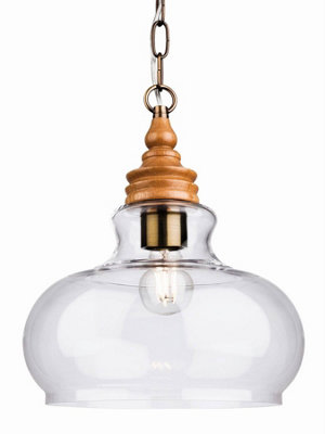 B&Q -  Luminosa Comet 1 Light Dome Ceiling Pendant Natural Wood With Clear GlassE27