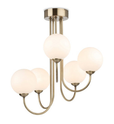 Luminosa Lighting Luminosa Lyndon 5 Light Globe Flush Fitting Antique Brass With Opal White Glass from B&Q