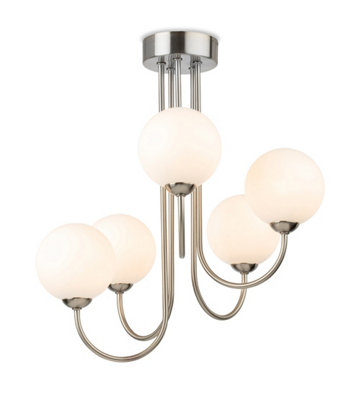Luminosa Lighting Luminosa Lyndon 5 Light Globe Flush Fitting Brushed Steel With Opal White Glass from B&Q