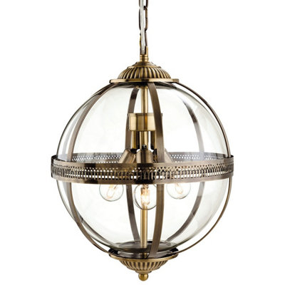 B&Q -  Luminosa Mayfair 3 Light Spherical Ceiling Pendant Antique BrassClear GlassE14