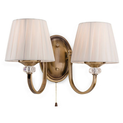 Luminosa Lighting Luminosa Langham 2 Light Indoor Wall Light (Switched) Antique BrassPleated Cream ShadesE14 from B&Q