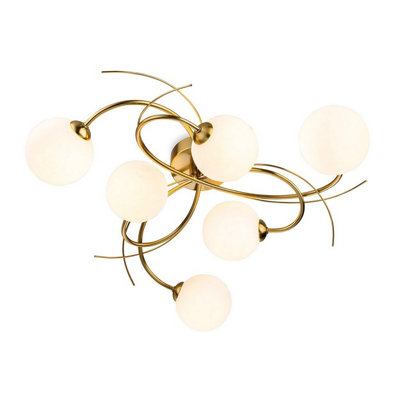 Luminosa Lighting Luminosa Elba 6 Light Flush Ceiling Fitting Brushed Brass With Opal White Glass 6Xg9 from B&Q
