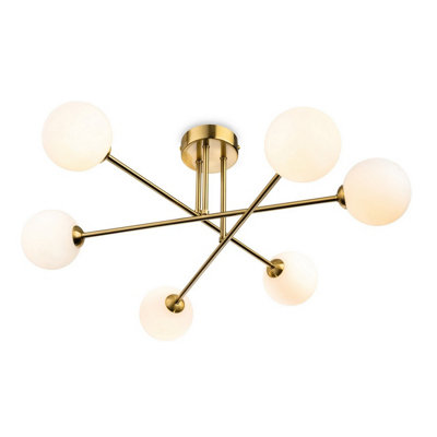 Luminosa Lighting Luminosa Lando Globe 6 Light Flush Ceiling Fitting Brushed Brass With Opal White Glass 6Xg9 from B&Q