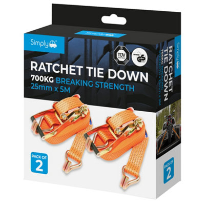 Simply Auto Pk2 25mm 5M Ratchet Tie Down Straps High Breaking Strength 700Kg from B&Q
