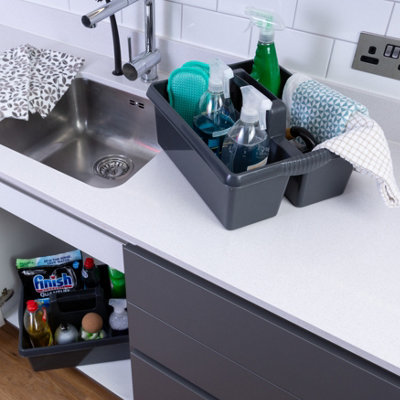 Wham 2 X Kitchen Tidy Organiser Cleaning Caddy Tote Tray Large Strong Cleaners Carry Tray Basket Midnight from B&Q