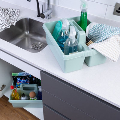 Wham 2 X Kitchen Tidy Organiser Cleaning Caddy Tote Tray Large Strong Cleaners Carry Tray Basket Silver Sage from B&Q