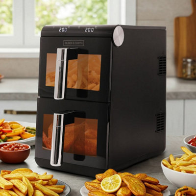 B&Q -  Olsen And Smith 11L Dual Basket Air Fryer Black 2X5.5L 1700W 13 Presets Touch Display 50 To 200C Bake Grill