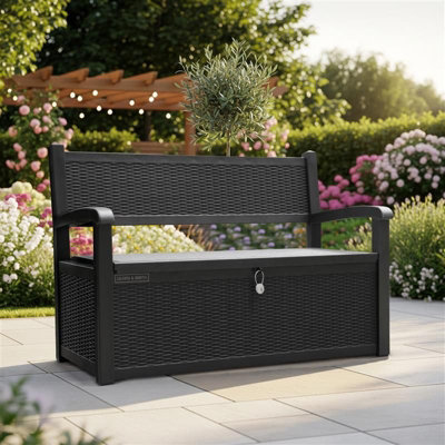 Olsen & Smith Outdoor Storage BenchPlastic Rattan EffectLockableWeather Resistant265L130X60X90CmBlackSeat For Two from B&Q